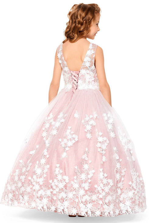 Little Girls Mauve 3D Floral Applique Lace Sequin Flower Girl Dress 2-6